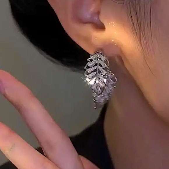 Double Edge Side Zircon Earrings, Feather Dangle Wedding Anniversary B… - Picture 5 of 6